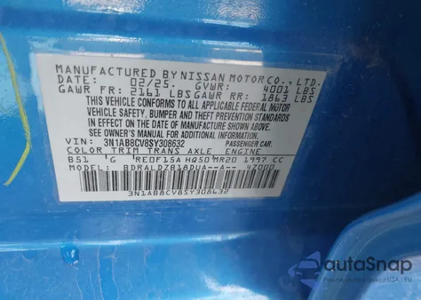 2025 Nissan Sentra Sv from USA, damaged, VIN 3N1AB8CV8SY308632
